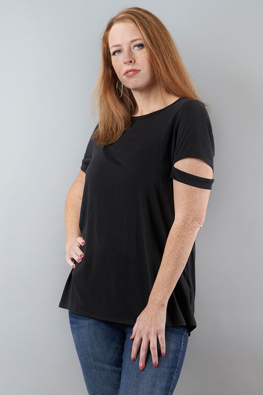 Caught Your Eye Top With Sleeve Slit - Black Front