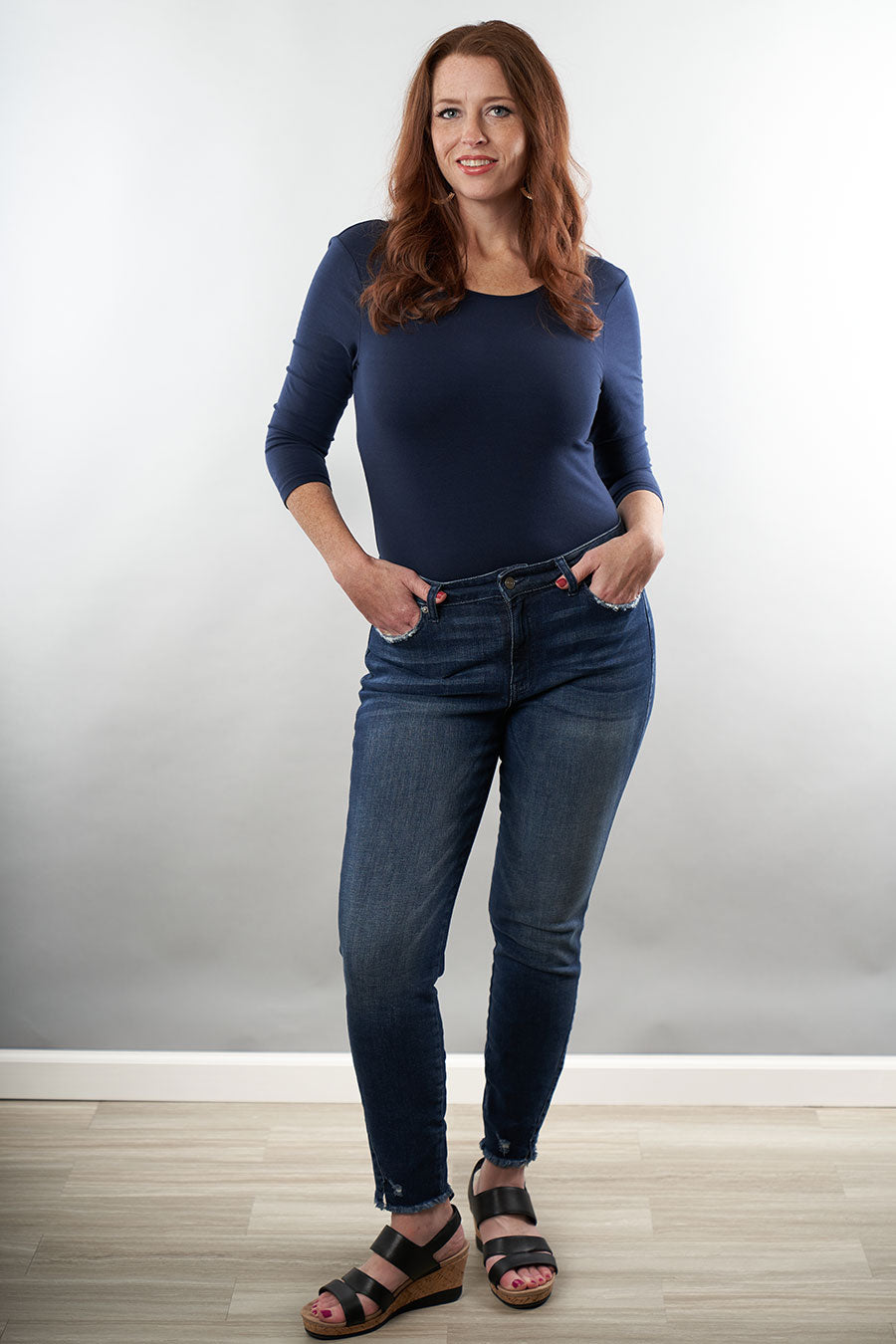 Kan Can Dark Wash Mid Rise Skinny Jeans Example
