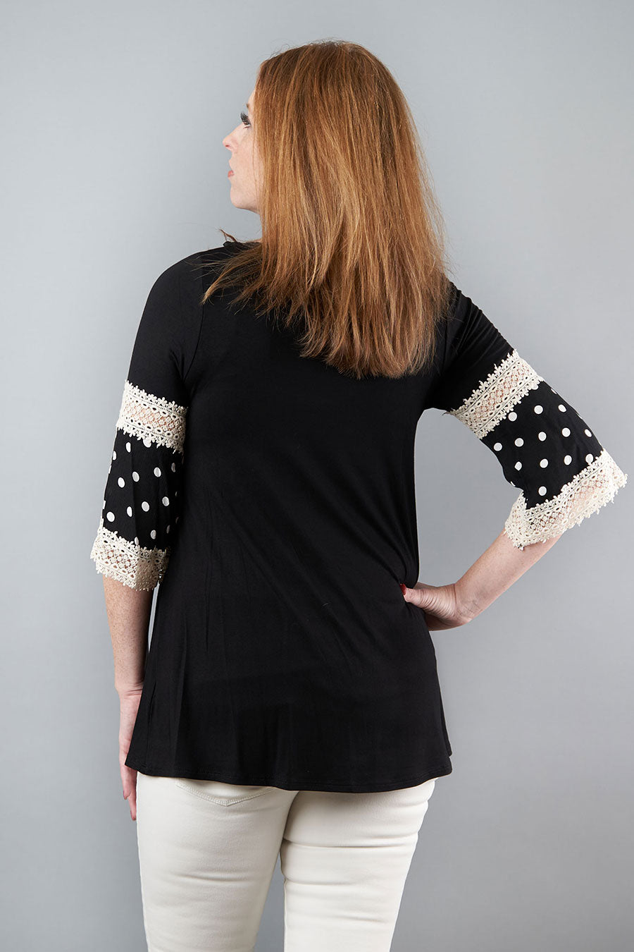 Lots Of Fun Black Blouse With Polka Dot &amp; Lace Sleeves Back