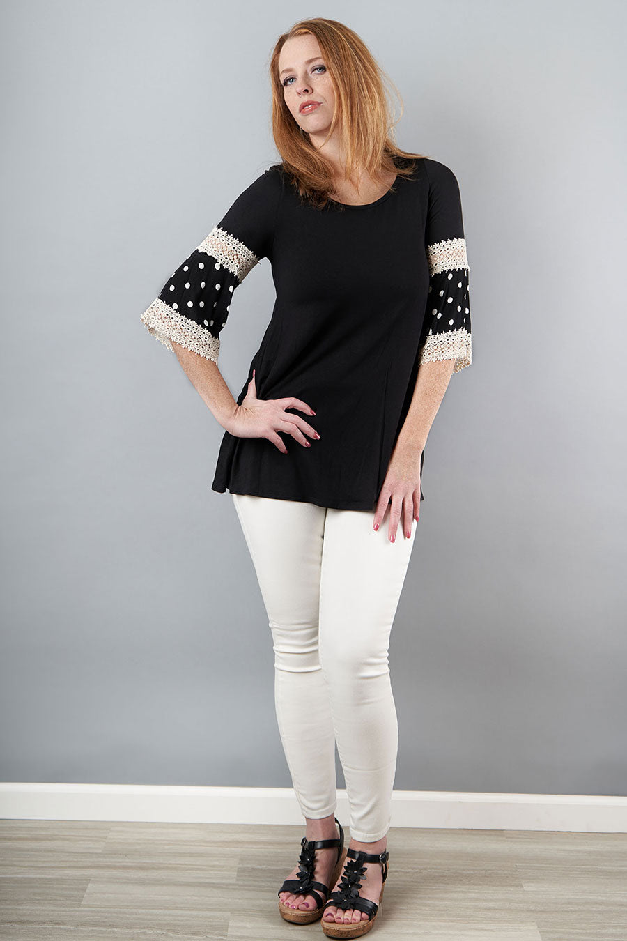 Lots Of Fun Black Blouse With Polka Dot &amp; Lace Sleeves Profile