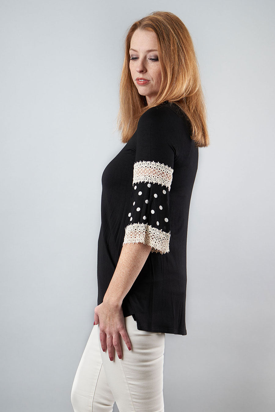 Lots Of Fun Black Blouse With Polka Dot &amp; Lace Sleeves Side