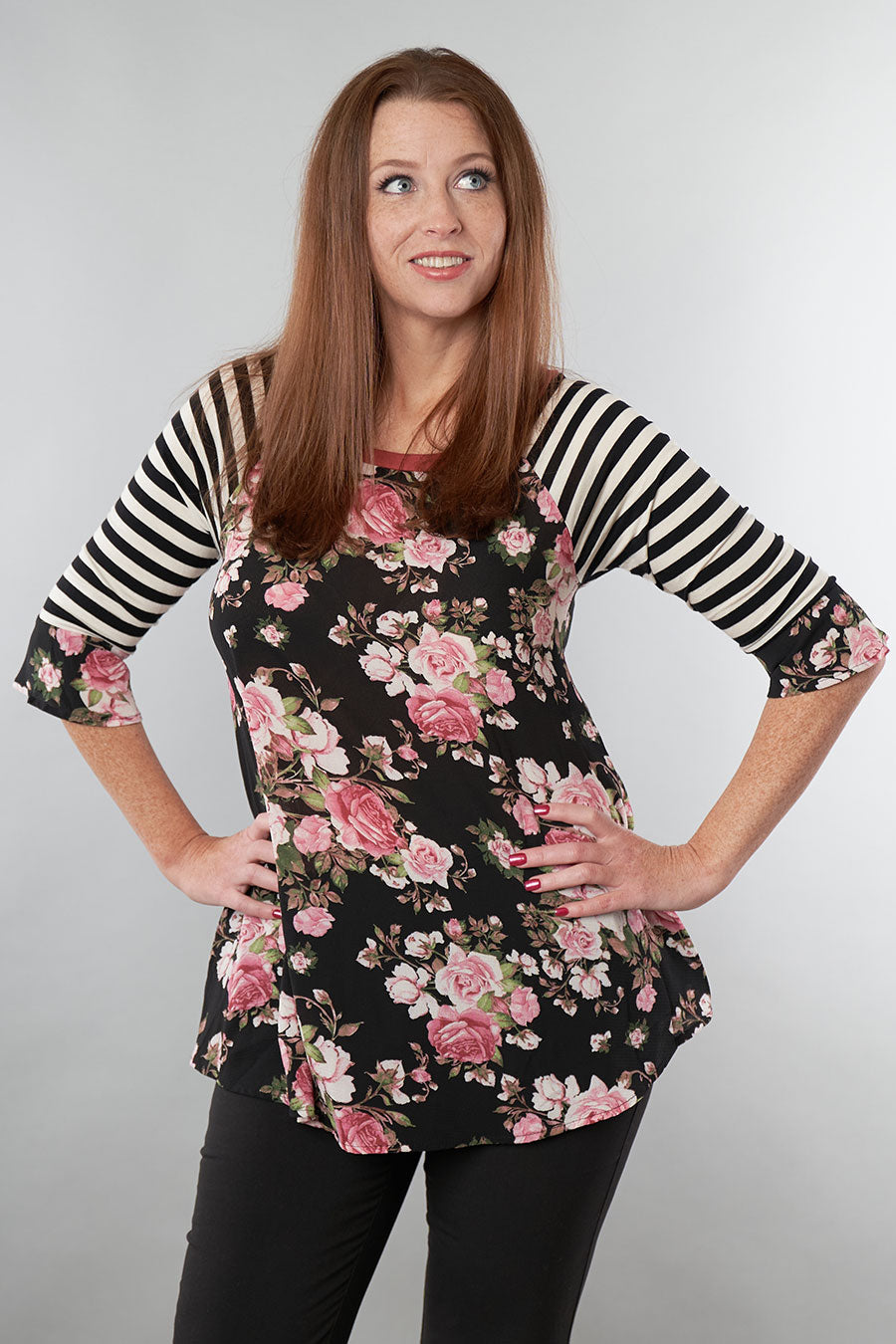 Spring Fever Floral Tunic With Striped Sleeves Front