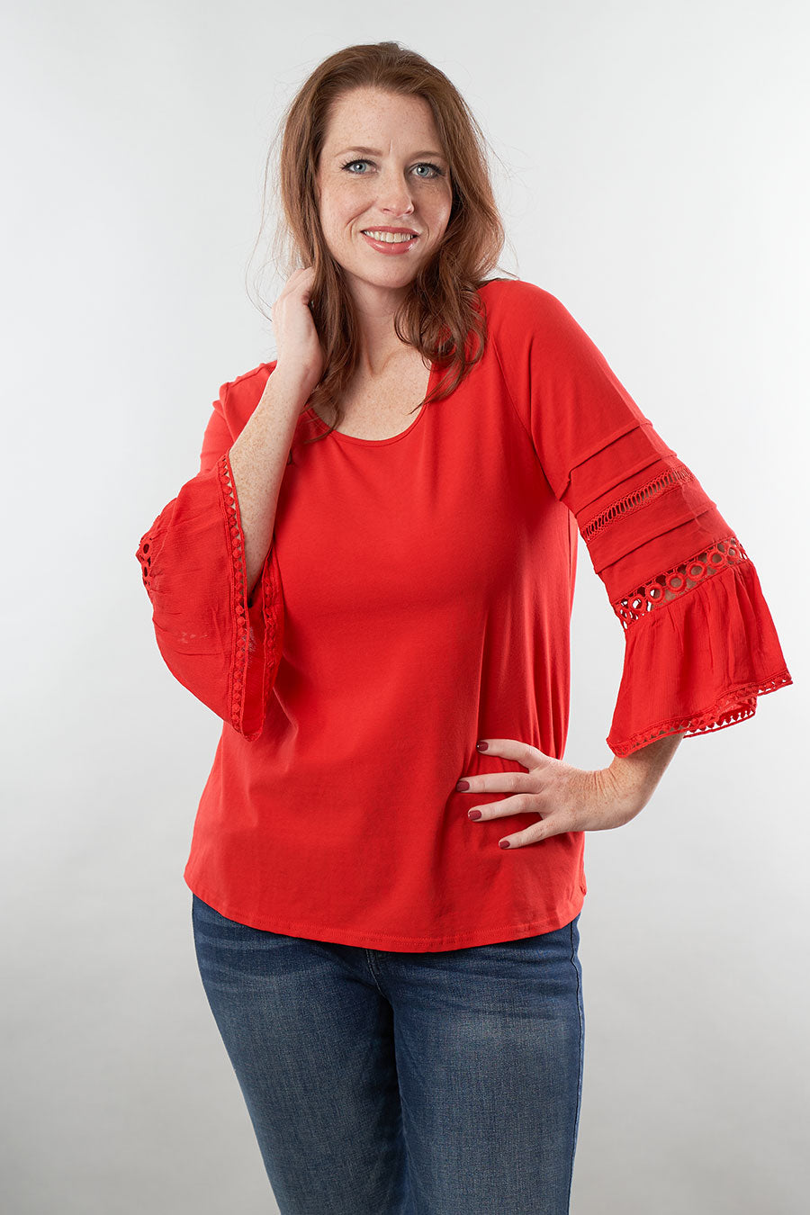 Bold Moves Top With Lace Sleeve Front