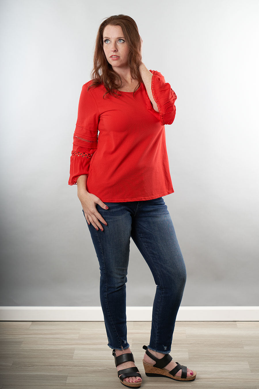 Bold Moves Top With Lace Sleeve Front