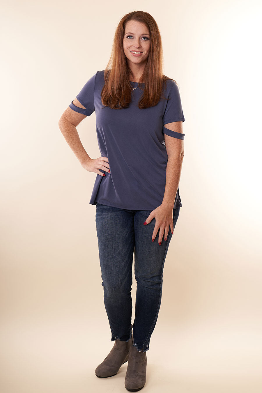 Caught Your Eye Top With Sleeve Slit - Navy Front