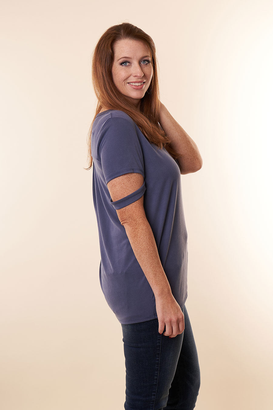 Caught Your Eye Top With Sleeve Slit - Navy Side