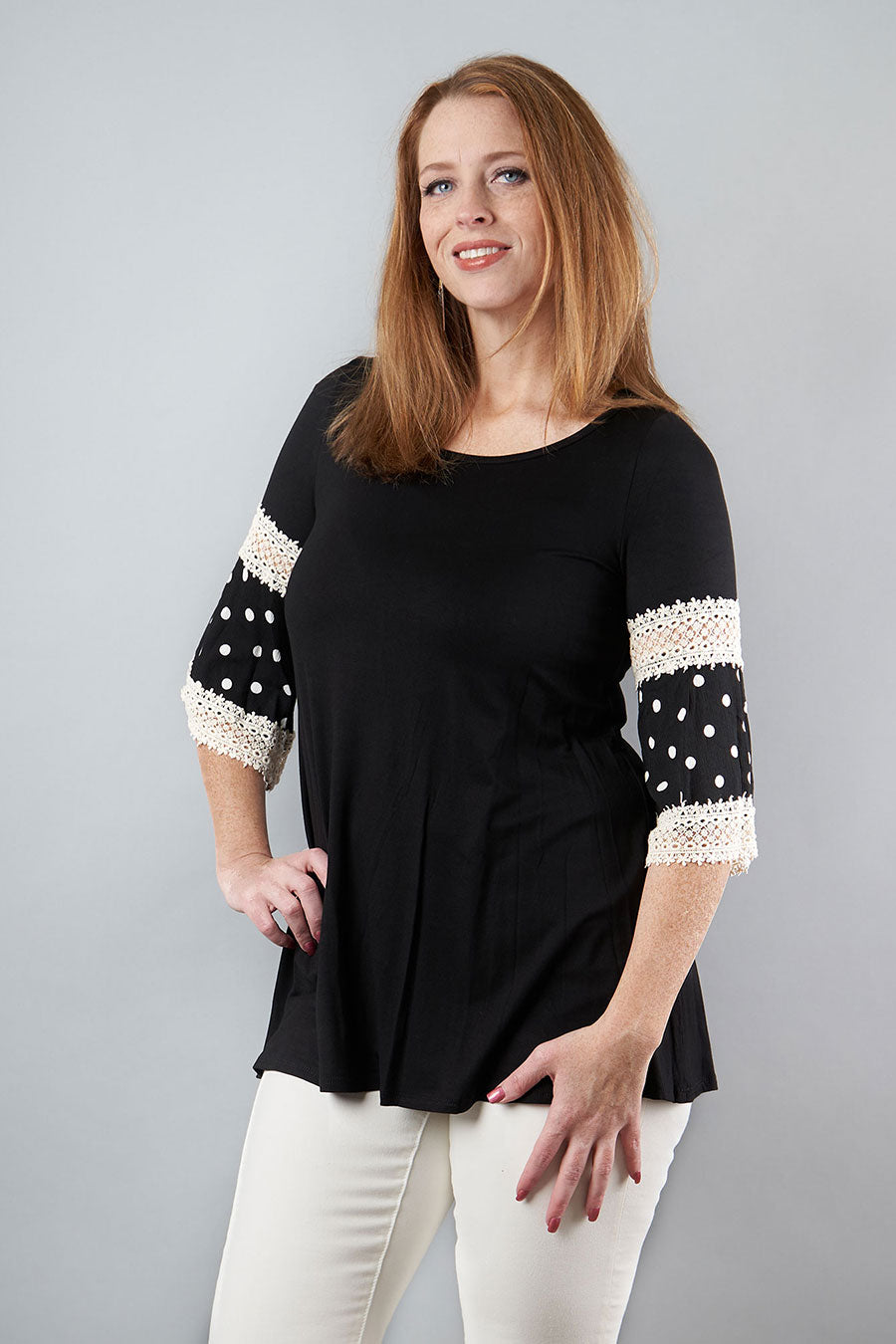 Lots Of Fun Black Blouse With Polka Dot &amp; Lace Sleeves Front