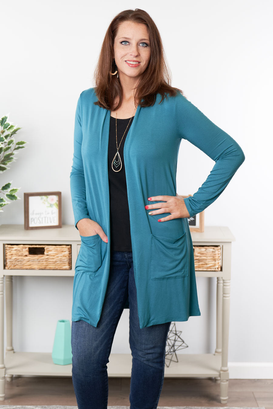 Put It Together Cardigan Teal Front