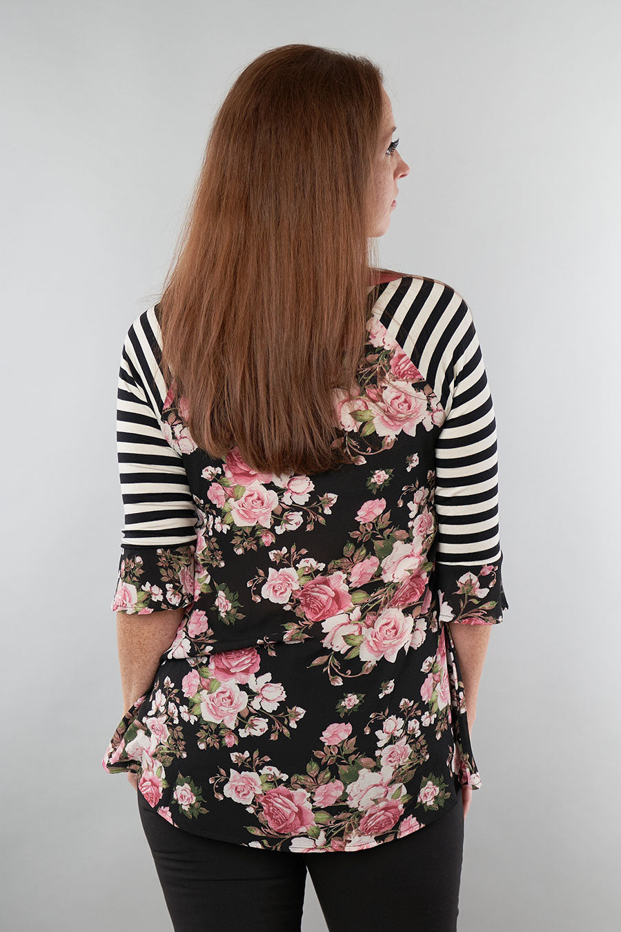 Spring Fever Floral Tunic With Striped Sleeves Back